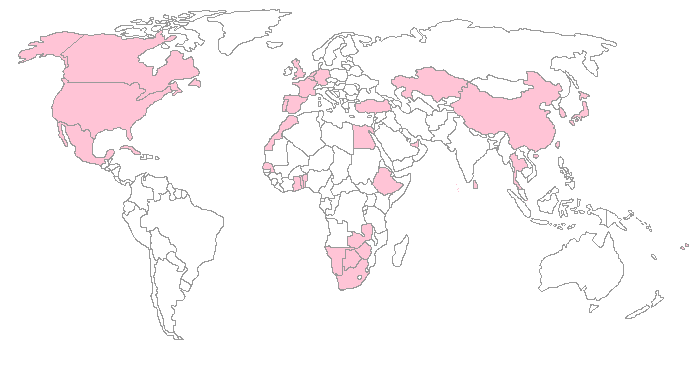 A map of the world, with all countries I have visited filled in.